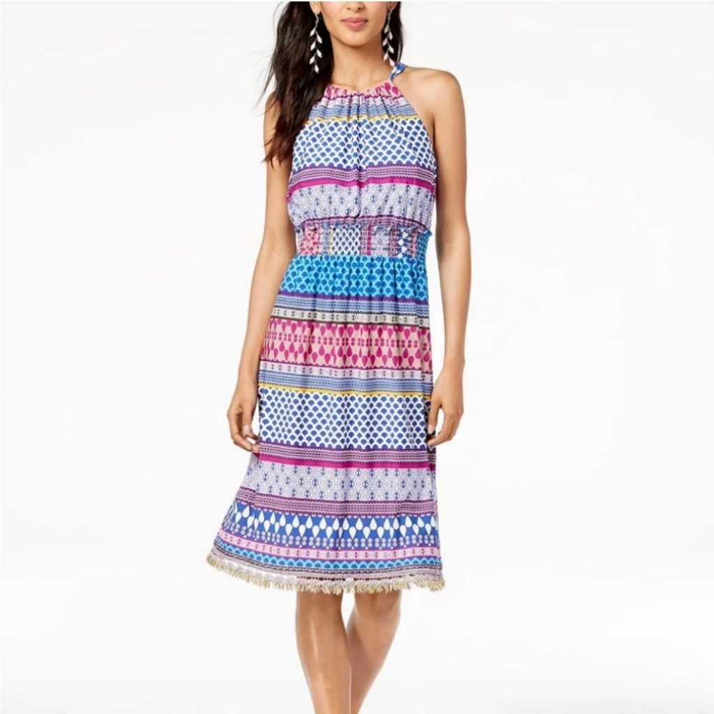 Trina Turk Midi Multi Color Smocked-Waist Brooke Halter Dress Large $288